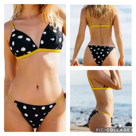 New! Cupshe Polka Dot Triangle Bikini Black White & Yellow Size Large - Picture 15 of 15